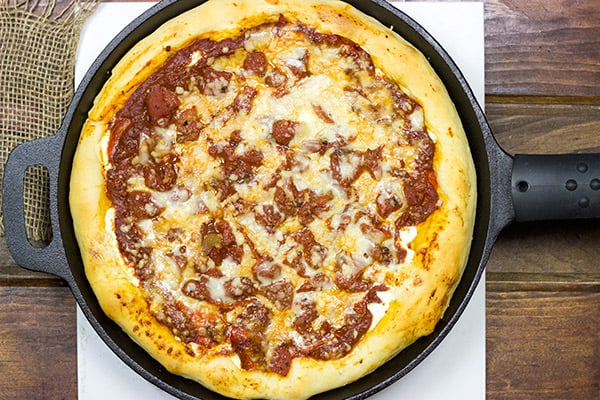 Deep Dish Skillet Pizza  Pull out the cast iron skillet for this pizza!