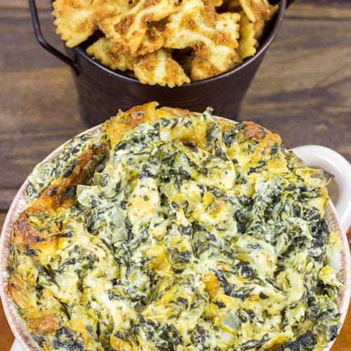 Spinach Artichoke Dip with Fried Bowtie Pasta Fried pasta is a fun twist!