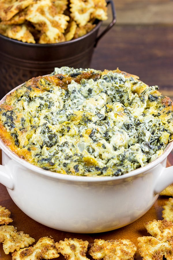 Spinach Artichoke Dip with Fried Bowtie Pasta Fried pasta is a fun twist!