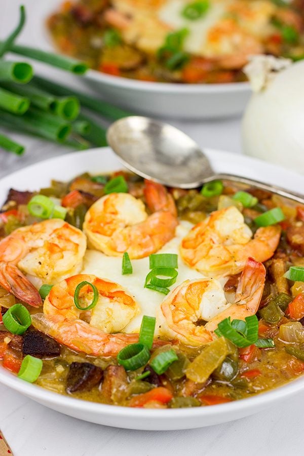 Classic Charleston dish: creamy grits with shrimp and sauce.