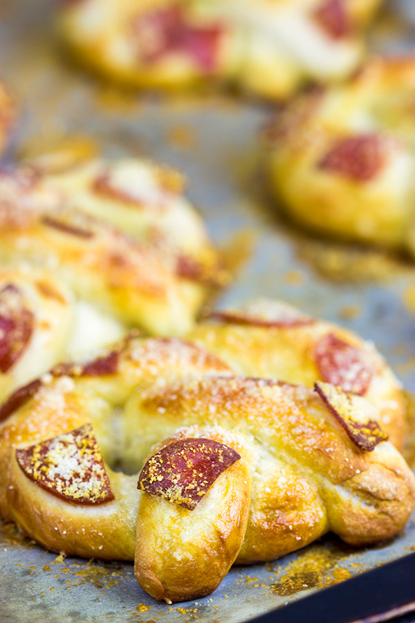 Pepperoni Soft Pretzels Homemade soft pretzels topped with pepperoni!