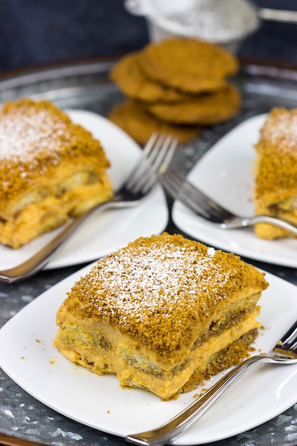 This Pumpkin Spice Tiramisu is a delicious combination of a classic Italian dessert with the warming Autumn spices of cinnamon, ginger and nutmeg!