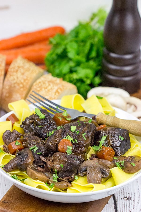 Beef Bourguignon is a classic winter dish that simmers in red wine on low temperature for several hours.  It's a delicious meal that's sure to warm you up on these chilly days.