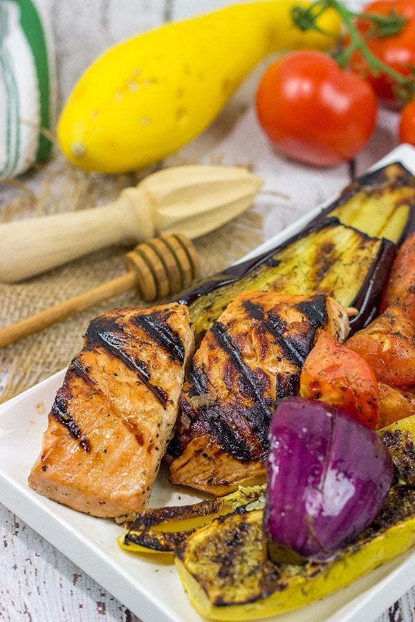 Turn up the dial on the grilled flavor with this Grilled Honey Lime Salmon with Grilled Veggies!  This easy recipe is perfect for summer grilling in the backyard!