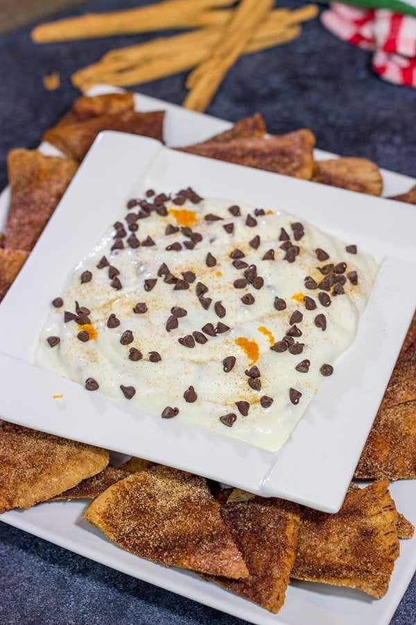 Cannoli Dip with Cinnamon Sugar Pita Chips A quick and easy dessert!