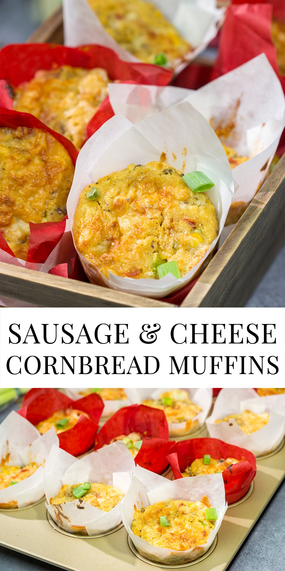 Packed with cheddar cheese and Italian sausage, these Sausage and Cheese Cornbread Muffins are a great side dish next to a hot bowl of chili or soup!