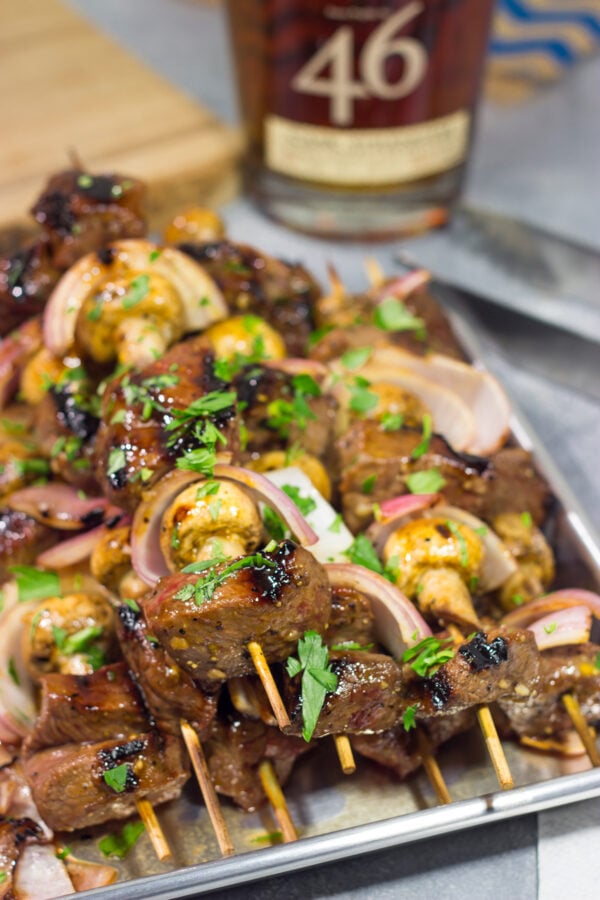 These Bourbon Steak Kabobs feature marinated sirloin steak, mushrooms and red onions on skewers. The grilled flavor of these kabobs is fantastic!