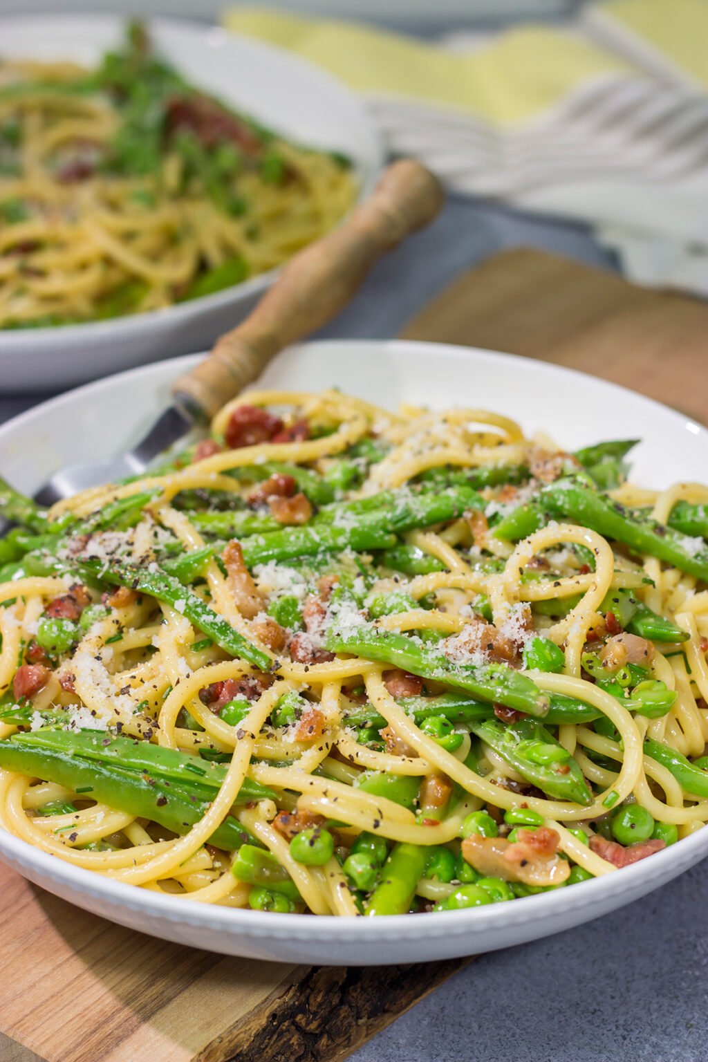 Spaghetti Carbonara with Spring Vegetables Easy, gourmet dinner idea!