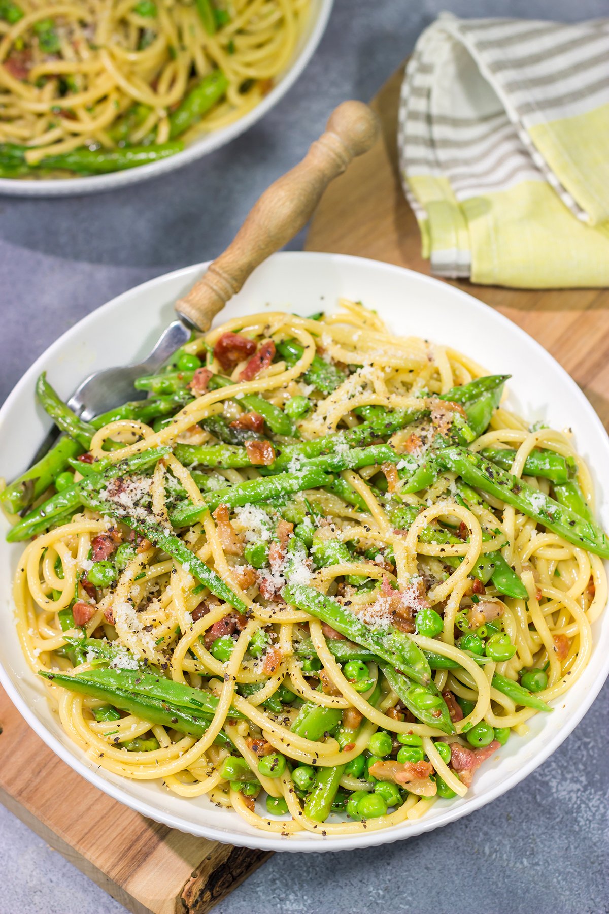 Spaghetti Carbonara with Spring Vegetables | Easy, gourmet dinner idea!