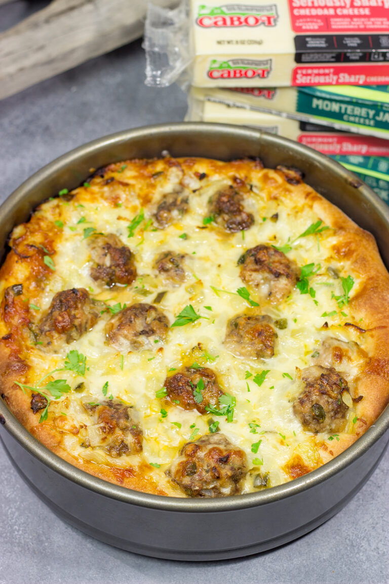Deep Dish Meatball Pizza Filled with meatballs and 2 types of cheese!