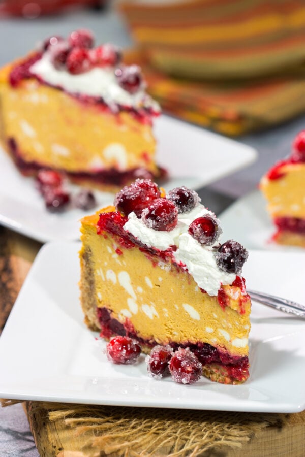 This Cranberry Pumpkin Cheesecake features a creamy pumpkin cheesecake over a layer of cranberry sauce. It's a delicious dessert that's perfect for fall!