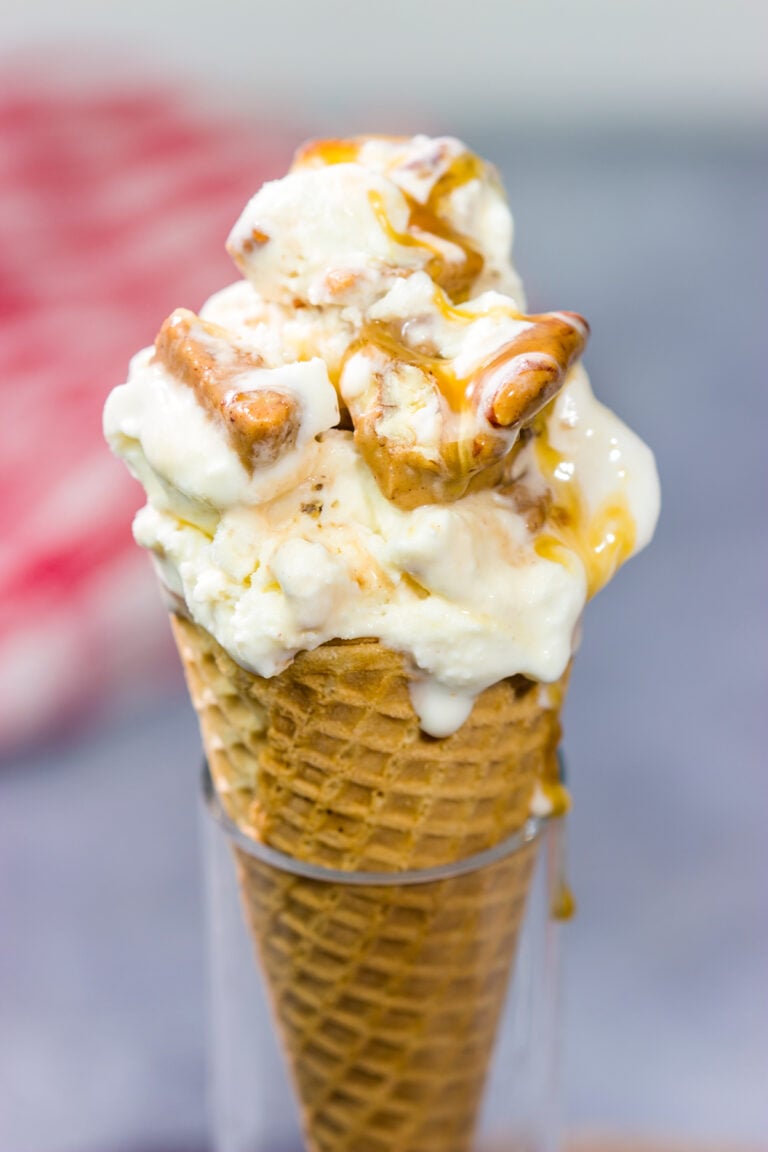 This Caramel Praline Ice Cream features a creamy vanilla base filled with nutty crumbled pralines. It's delicious, and it's perfect for a hot summer day!