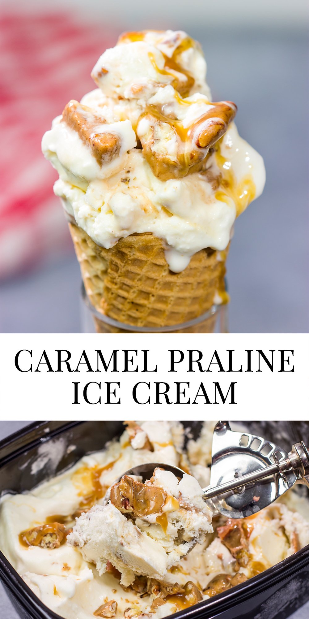 This Caramel Praline Ice Cream features a creamy vanilla base filled with nutty crumbled pralines. It's delicious, and it's perfect for a hot summer day!