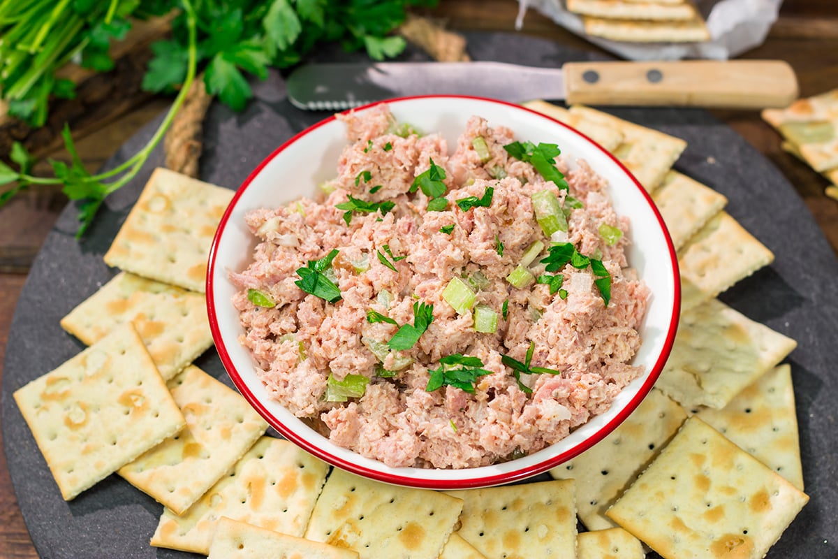 This easy Deviled Ham recipe is a tasty spread that tastes great on saltine crackers or in between 2 slices of white bread. It's a great way to use up leftover ham!