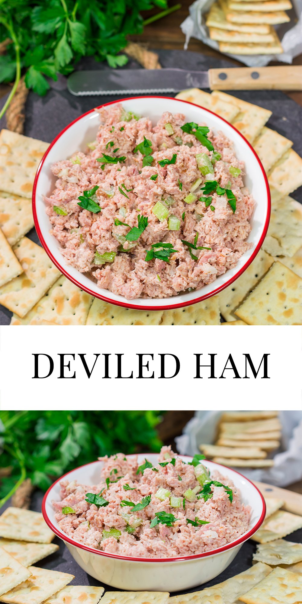 This easy Deviled Ham recipe is a tasty spread that tastes great on saltine crackers or in between 2 slices of white bread. It's a great way to use up leftover ham!