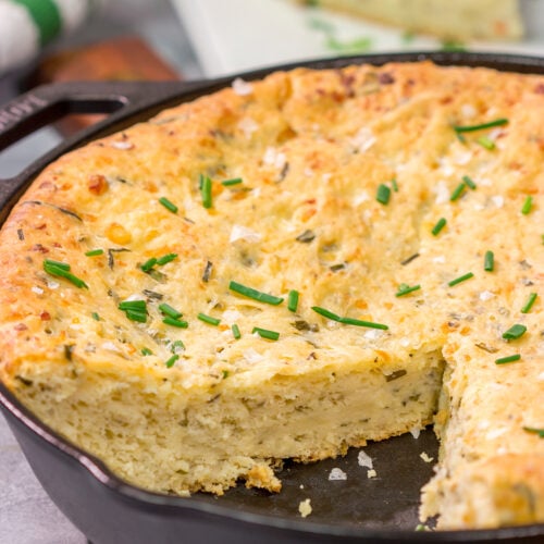 This Cheesy Chive Bread has incredible flavor! This skillet bread is a great side dish alongside a bowl of soup or chili.
