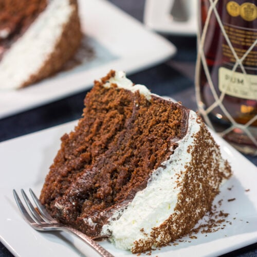 Featuring layers of chocolate cake soaked in rum, this Chocolate Rum Cake tastes just like rum balls. It's a great dessert for holiday entertaining!