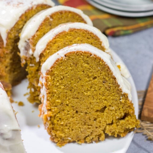 This Pumpkin Spice Pound Cake features is baked with real pumpkin and a combination of warm baking spices. It's the perfect way to celebrate fall baking season!