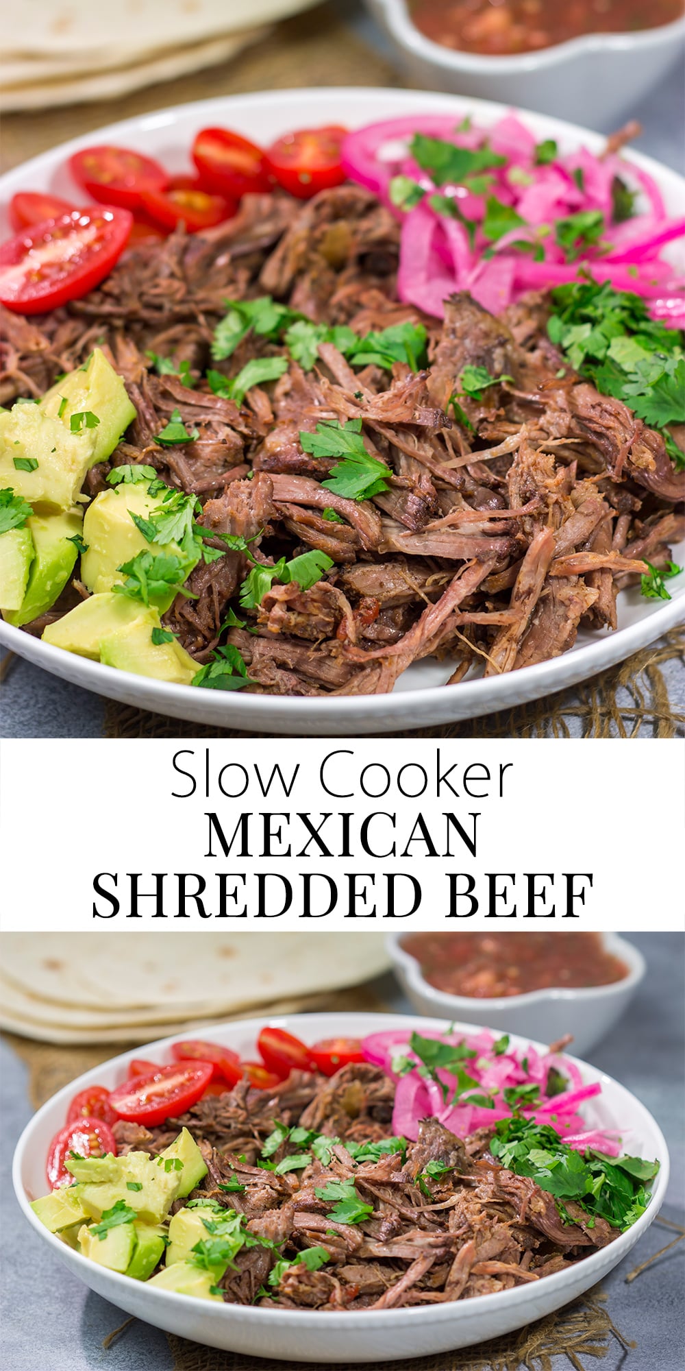 This Slow Cooker Mexican Shredded Beef recipe is tender, juicy and delicious! It's perfect for tacos, burritos or soups and stews. Make a batch tonight, and you'll have meals for the week!