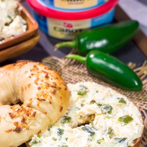 Add a kick to your morning with this homemade Jalapeño Cheddar Cream Cheese. Packed with roasted jalapeños and sharp cheddar cheese, this cream cheese is absolutely delicious!