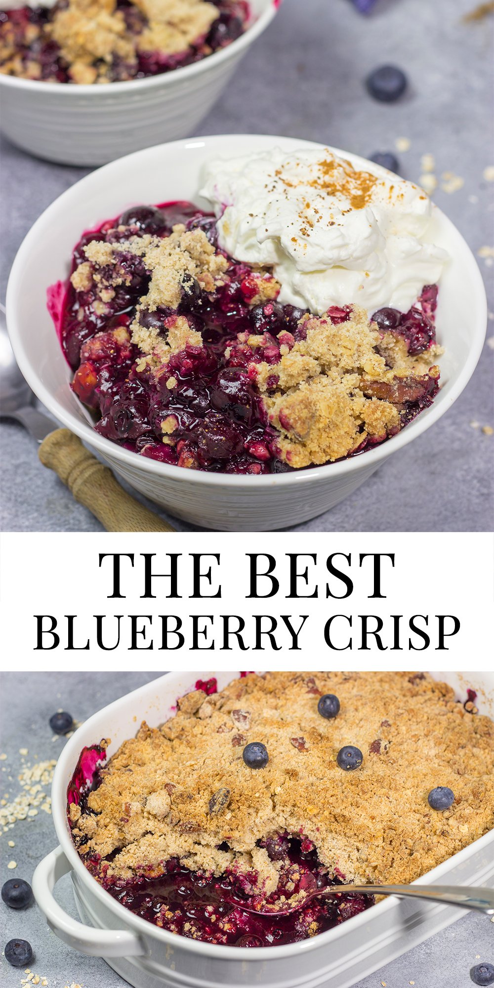 This classic Blueberry Crisp recipe features a juicy berry filling topped with a crispy oat streusel. It's the perfect dessert for warm summer evenings!