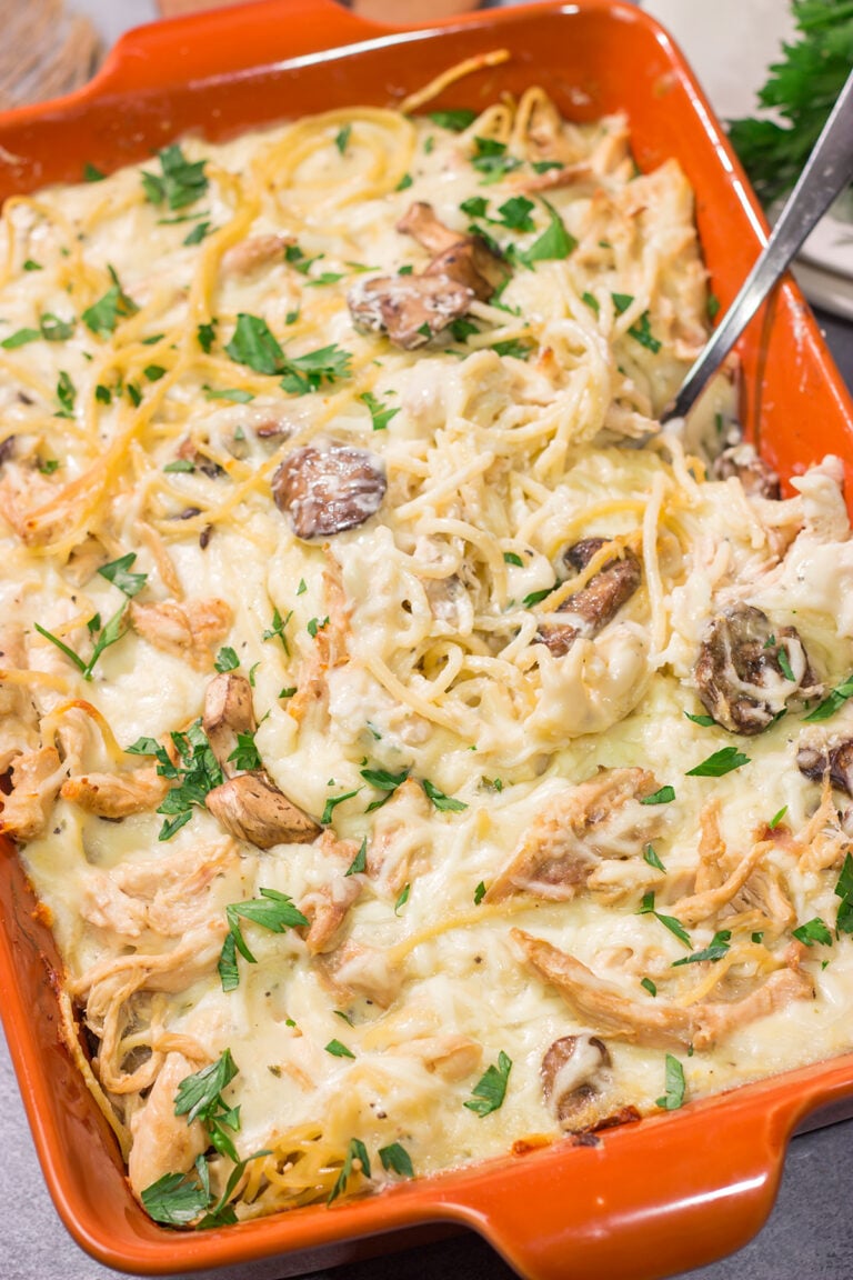 This Chicken Tetrazzini is a baked pasta casserole made with chopped rotisserie chicken, cream sauce and pasta. It's classic comfort food at its best!