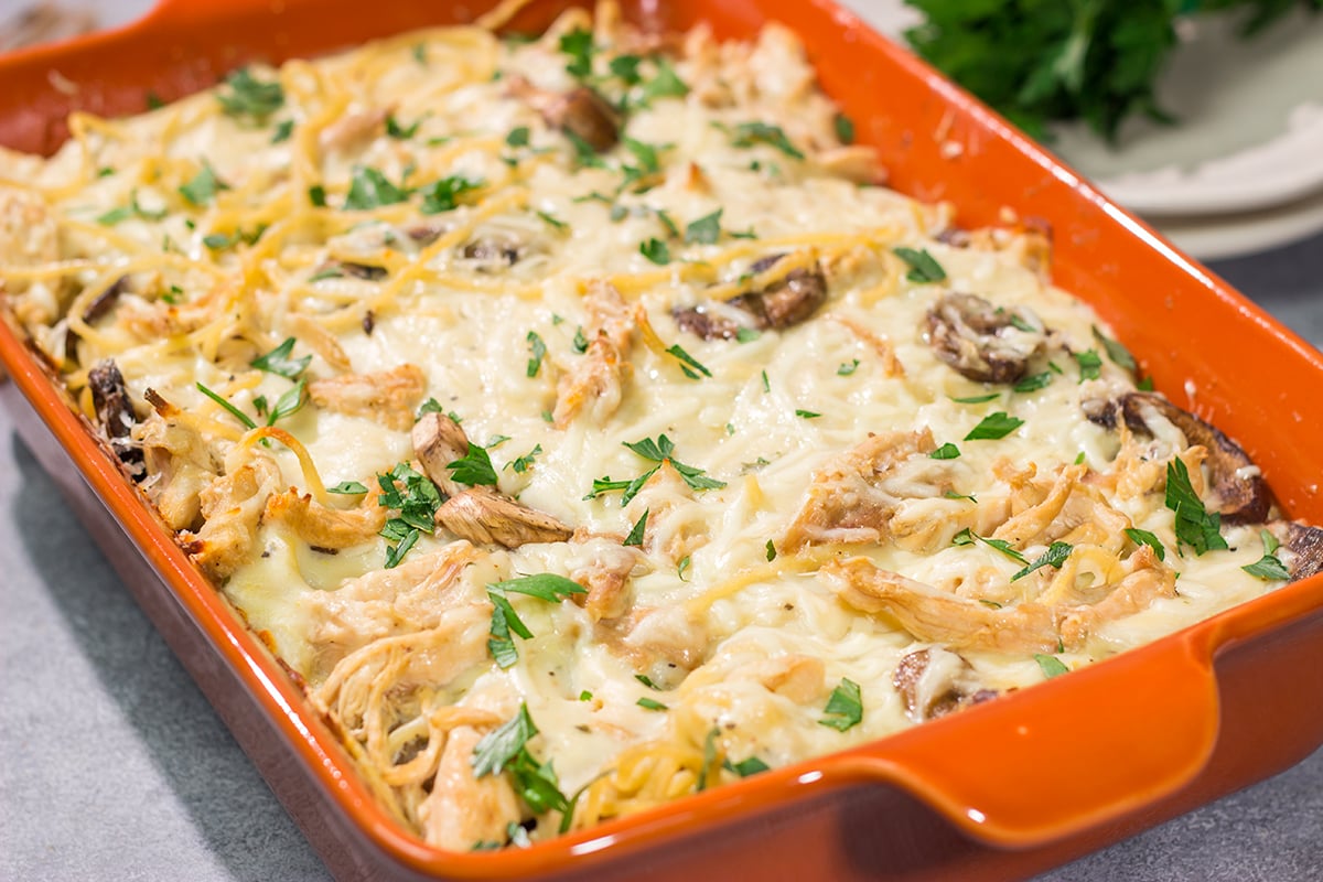 This Chicken Tetrazzini is a baked pasta casserole made with chopped rotisserie chicken, cream sauce and pasta. It's classic comfort food at its best!