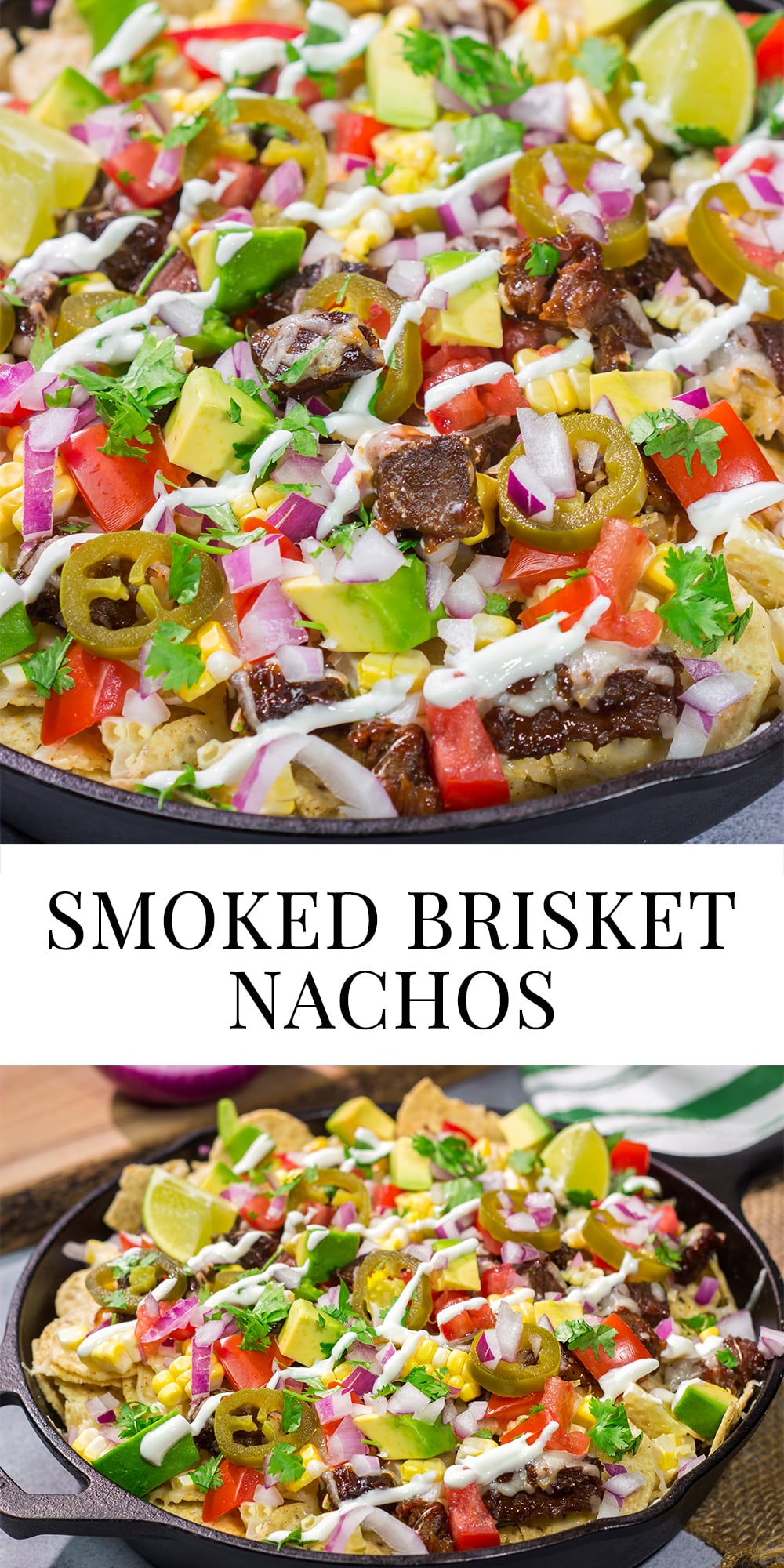 These Smoked Brisket Nachos are a great gameday appetizer! Crunchy tortilla chips topped with shredded cheese, smoked brisket and your favorite nacho toppings...yum!