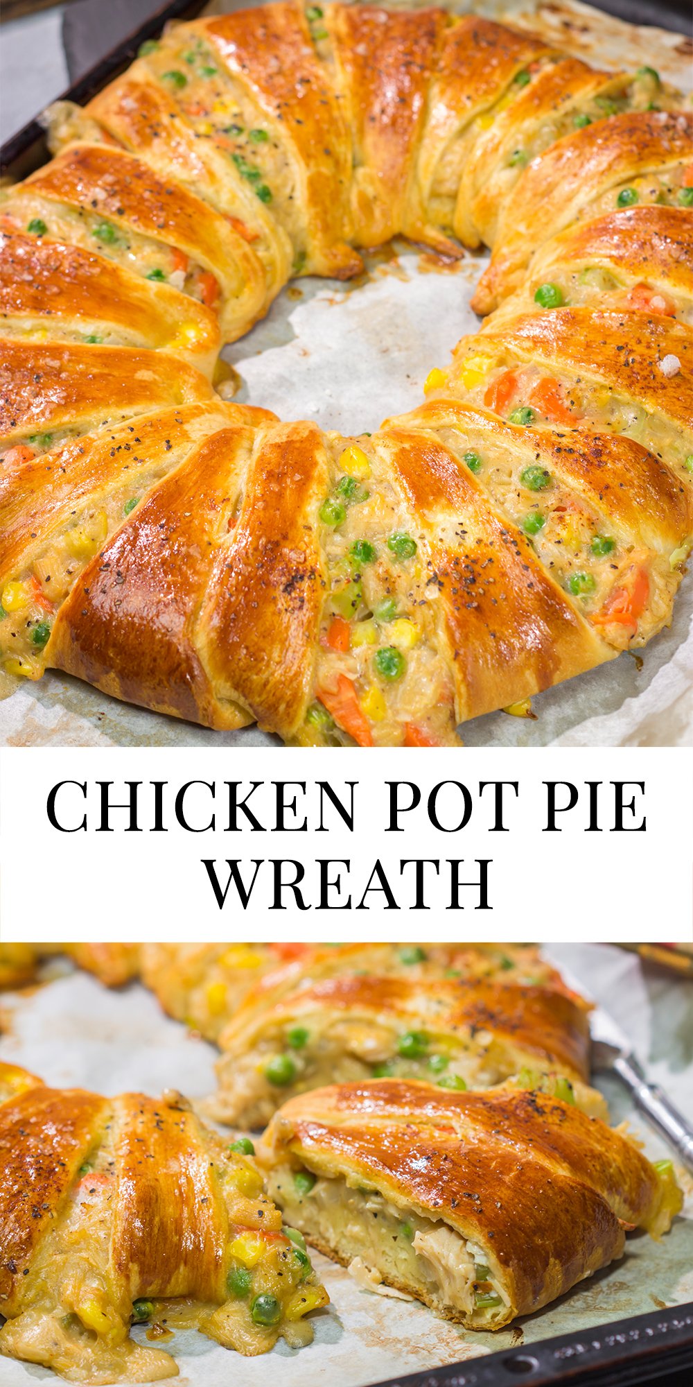 Put a unique spin on dinner with this Chicken Pot Pie Wreath! Homemade pot pie filling is wrapped in flaky crescent dough and shaped into a wreath for a fun take on a classic comfort food meal!