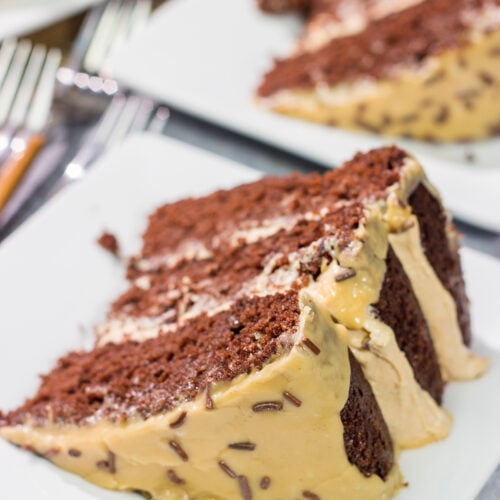 This Chocolate Cake with Peanut Butter Ganache features a chocolate layer cake filled with creamy peanut butter ganache. It's sure to be a new favorite dessert!