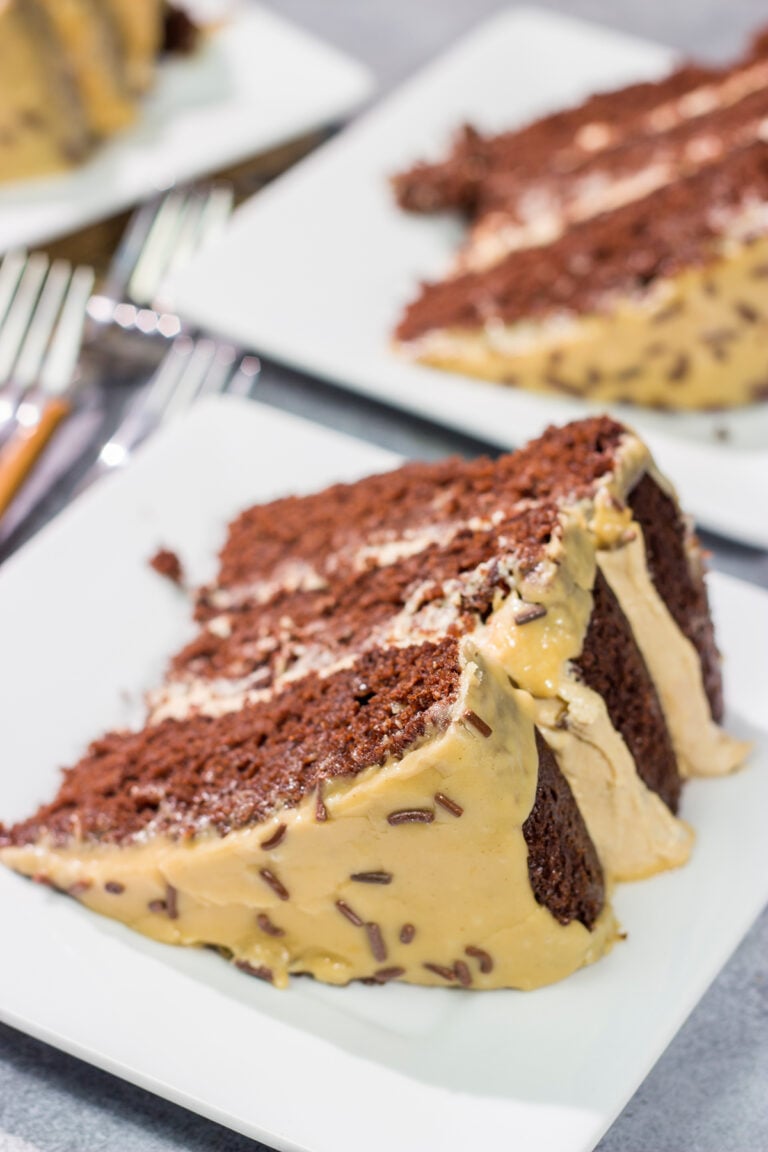 This Chocolate Cake with Peanut Butter Ganache features a chocolate layer cake filled with creamy peanut butter ganache. It's sure to be a new favorite dessert!