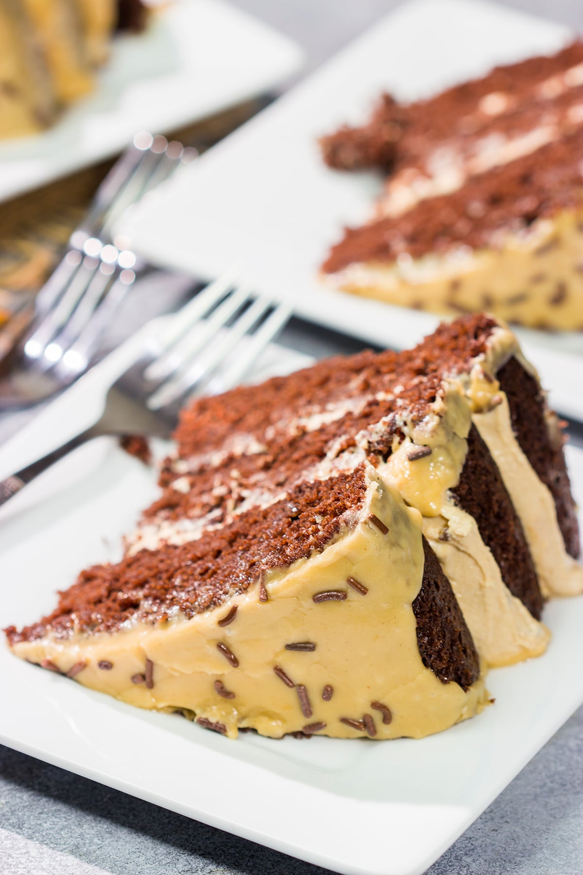 This Chocolate Cake with Peanut Butter Ganache features a chocolate layer cake filled with creamy peanut butter ganache. It's sure to be a new favorite dessert!