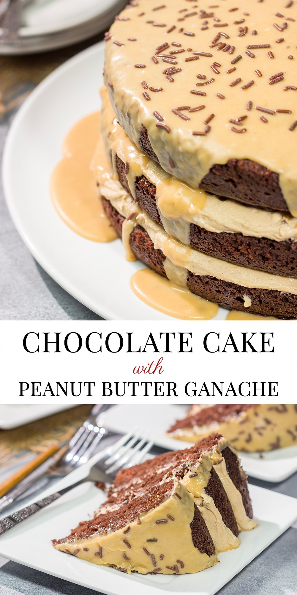 This Chocolate Cake with Peanut Butter Ganache features a chocolate layer cake filled with creamy peanut butter ganache. It's sure to be a new favorite dessert!