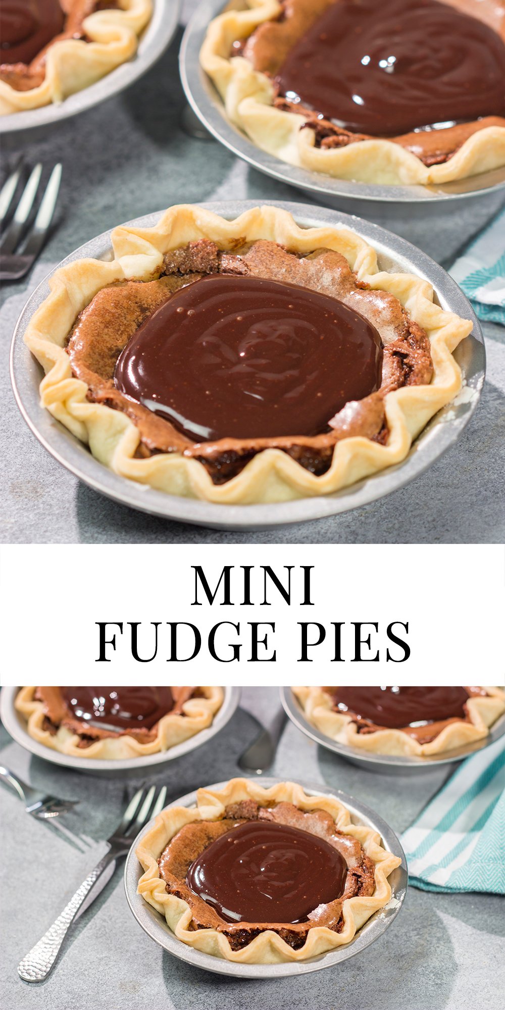 These Mini Fudge Pies are perfect for all chocolate lovers! These pies feature a chocolate chess filling topped with decadent chocolate ganache. Yum!!