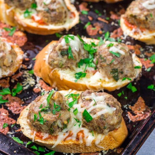 These delicious Open Faced Meatball Sandwiches are the ultimate comfort food! This recipe is an easy dinner idea but it's also great for feeding a crowd on gameday.