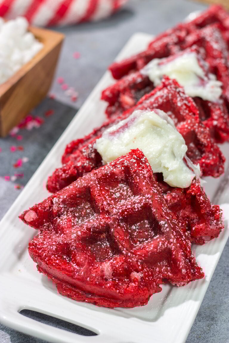 These Red Velvet Belgian Waffles are slightly crispy on the outside, but light and airy on the inside. They're a delicious way to celebrate Valentine's Day...or any day!