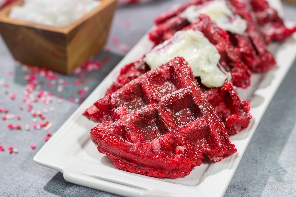These Red Velvet Belgian Waffles are slightly crispy on the outside, but light and airy on the inside. They're a delicious way to celebrate Valentine's Day...or any day!