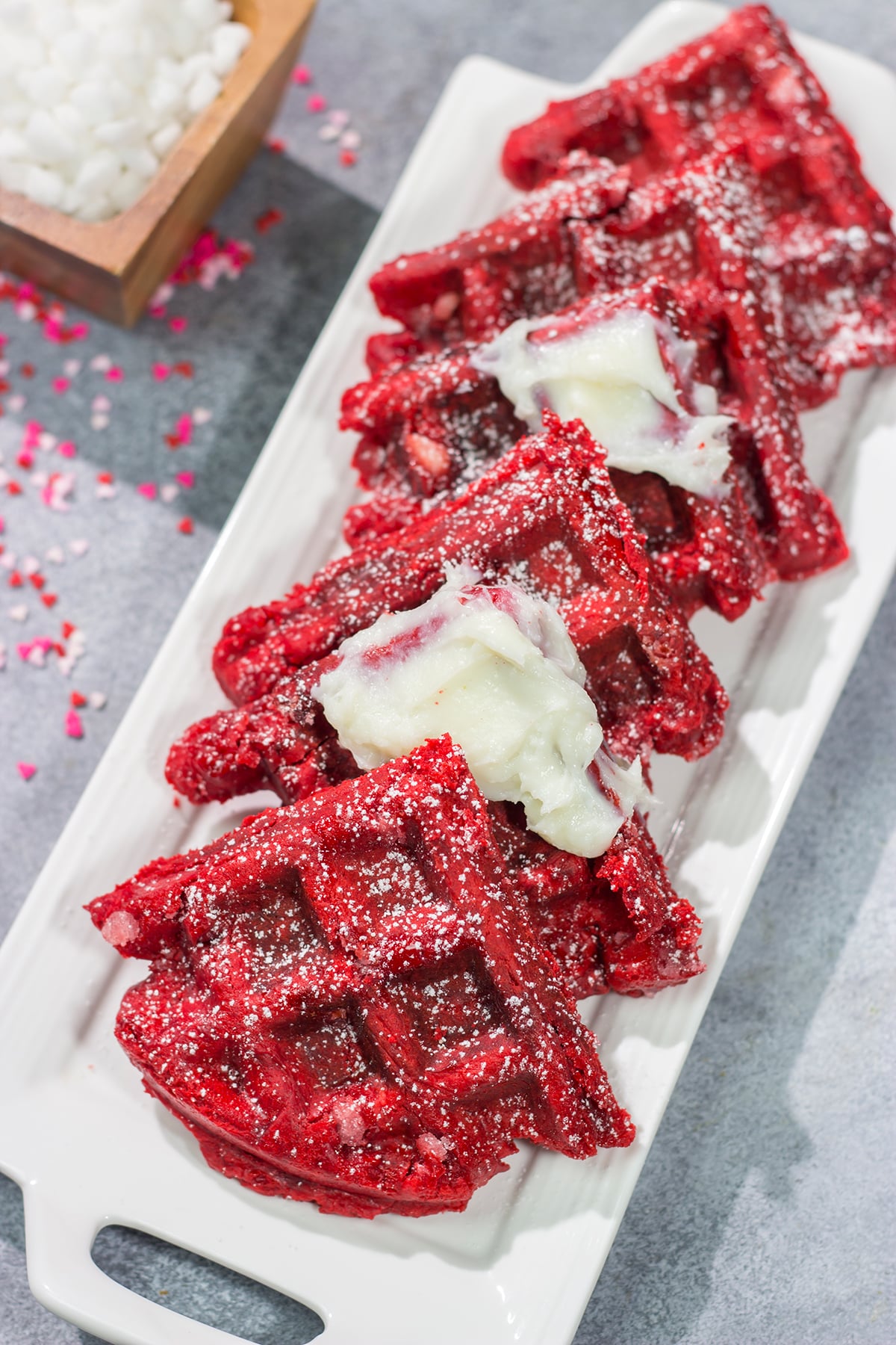 These Red Velvet Belgian Waffles are slightly crispy on the outside, but light and airy on the inside. They're a delicious way to celebrate Valentine's Day...or any day!