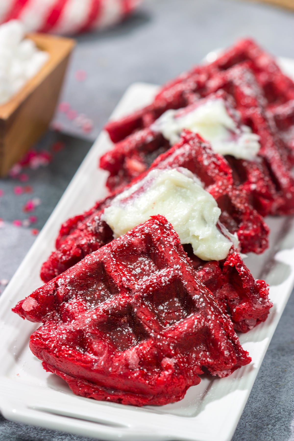 These Red Velvet Belgian Waffles are slightly crispy on the outside, but light and airy on the inside. They're a delicious way to celebrate Valentine's Day...or any day!
