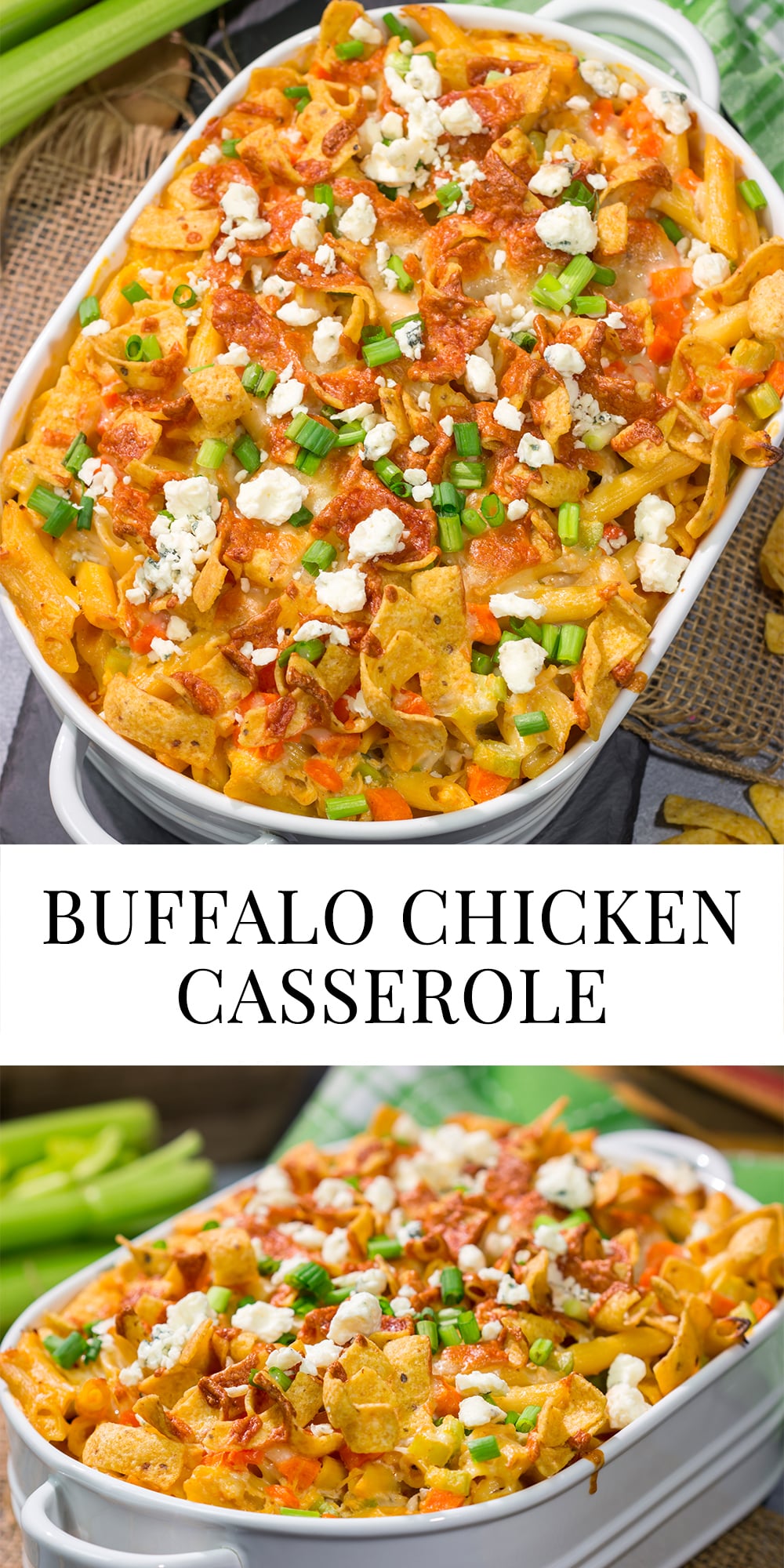 This Buffalo Chicken Casserole features the spicy flavor of buffalo wings combined with the cozy comfort of a pasta bake. This hearty meal is perfect for gamedays or dinners at home!