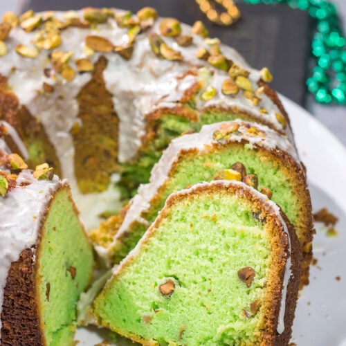 Featuring a mild nutty flavor, this homemade Pistachio Bundt Cake is a tasty dessert recipe. Top with a simple glaze and chopped pistachios for a mouthwatering appearance!