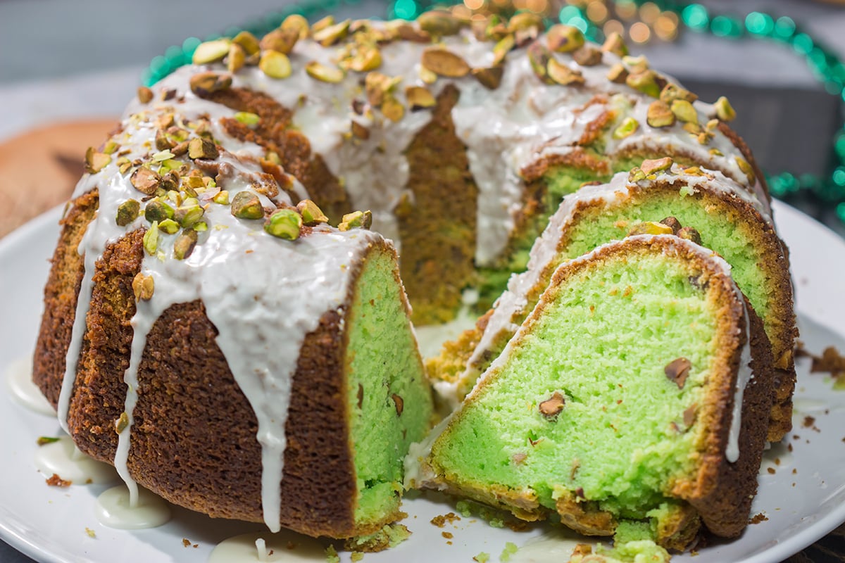 Featuring a mild nutty flavor, this homemade Pistachio Bundt Cake is a tasty dessert recipe. Top with a simple glaze and chopped pistachios for a mouthwatering appearance!