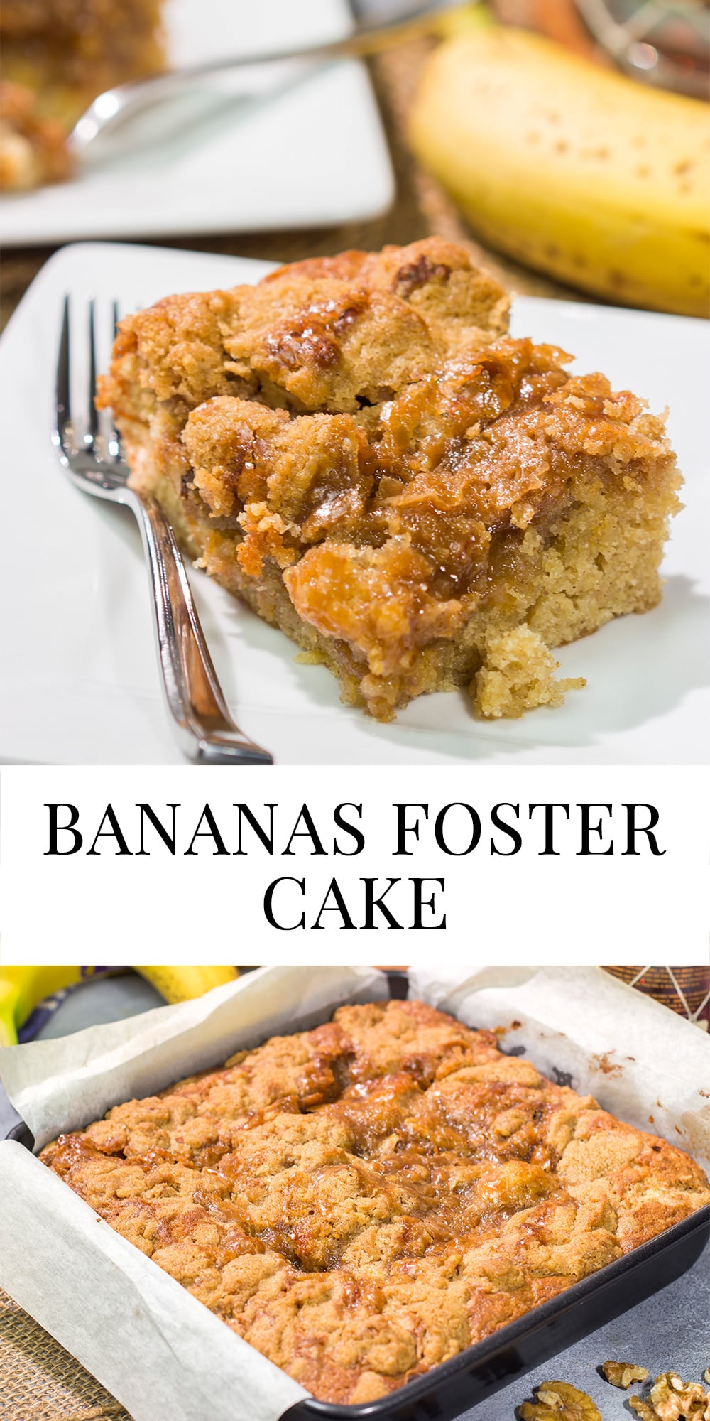 Featuring the flavors of the classic New Orleans dessert, this Bananas Foster Cake is truly fantastic! The tender cake is topped with a brown sugar streusel and rum sauce. Grab a fork!