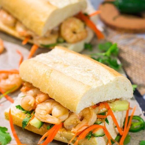 Shrimp Banh Mi is a classic Vietnamese street food...and it's surprisingly easy to make at home. Seasoned shrimp, tangy vegetables and fresh herbs combine to create a delicious sandwich!