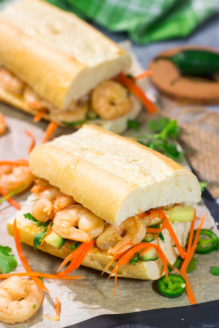 Shrimp Banh Mi is a classic Vietnamese street food...and it's surprisingly easy to make at home. Seasoned shrimp, tangy vegetables and fresh herbs combine to create a delicious sandwich!