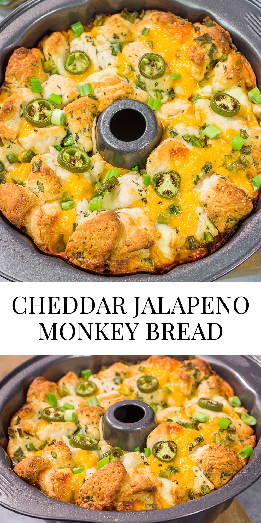 A warm loaf of this Jalapeno Cheddar Monkey Bread will be an instant favorite! This bread combines gooey melted cheese with fresh herbs and diced jalapenos - it's the ultimate comfort food.