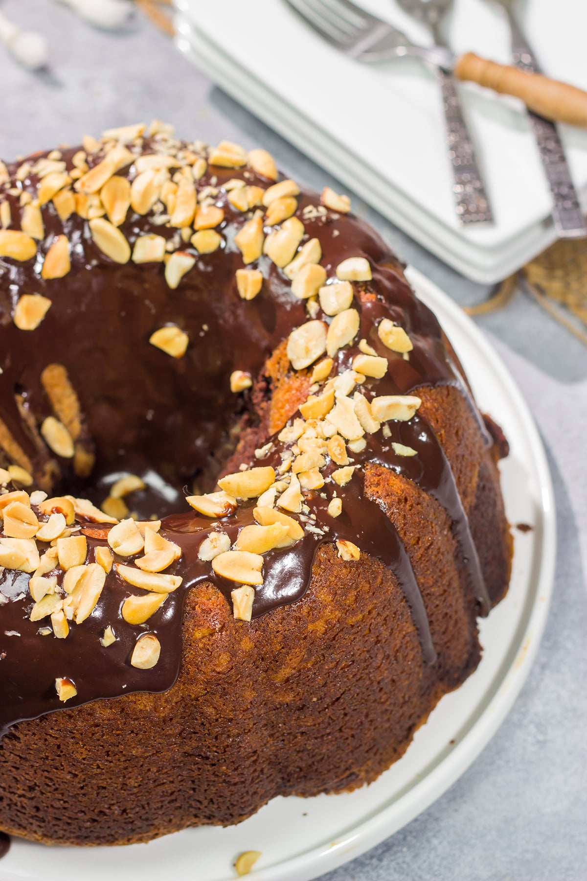 Featuring swirls of chocolate and peanut butter cake, this Chocolate Peanut Butter Pound Cake makes for a fun (and delicious) dessert recipe!