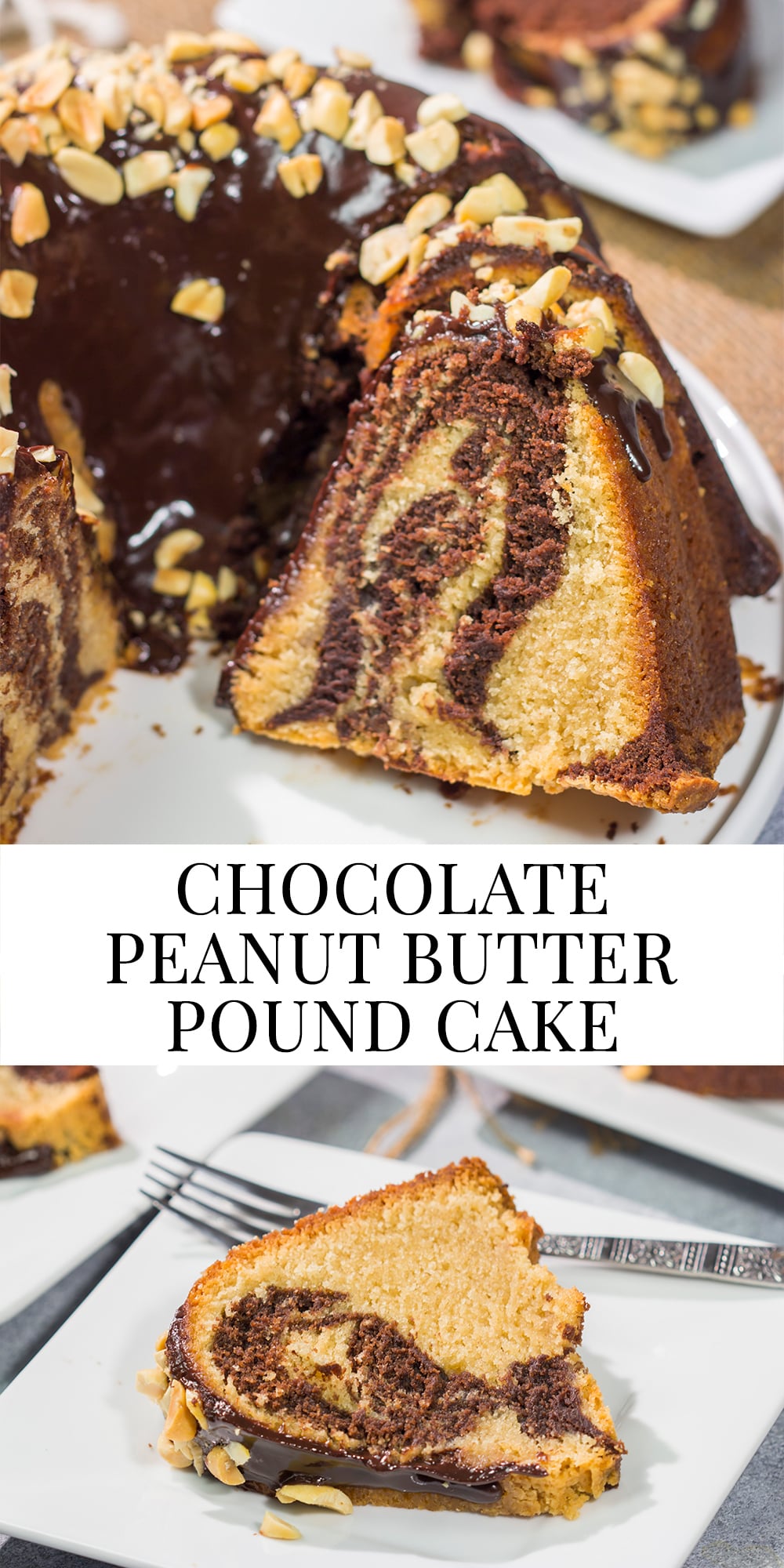 Featuring swirls of chocolate and peanut butter cake, this Chocolate Peanut Butter Pound Cake makes for a fun (and delicious) dessert recipe!