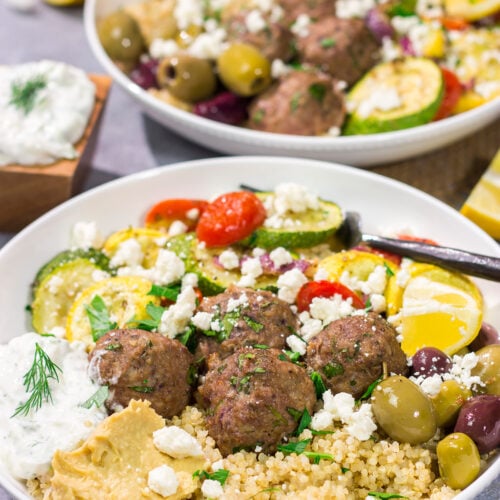 If you enjoy Greek flavors, then you'll love these Greek Meatball Bowls. The bright, bold flavors in these bowls will transport you straight to a sunny Mediterranean island!