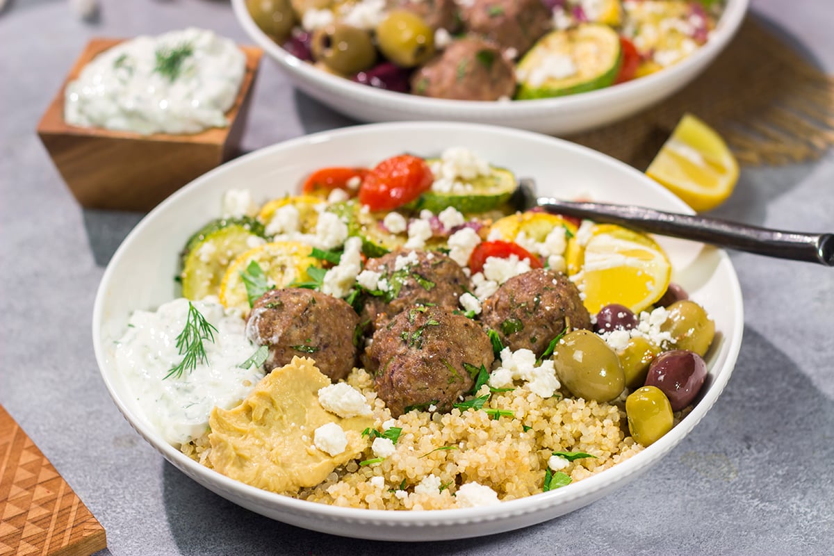 If you enjoy Greek flavors, then you'll love these Greek Meatball Bowls. The bright, bold flavors in these bowls will transport you straight to a sunny Mediterranean island!